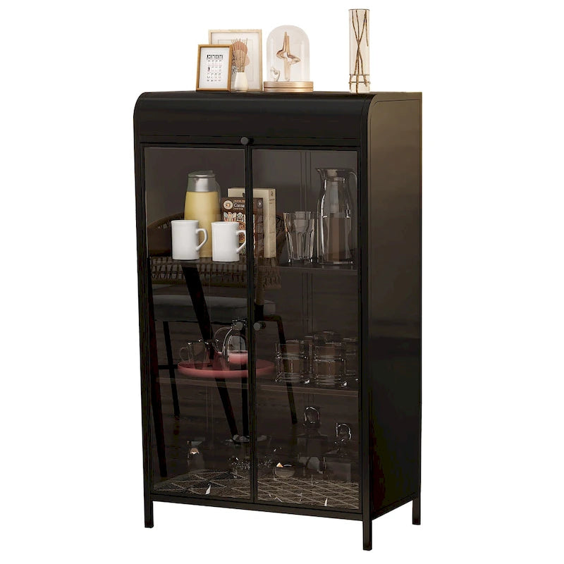 Antique Black Steel Display Cabinet with Tempered Glass Doors and Flip Top