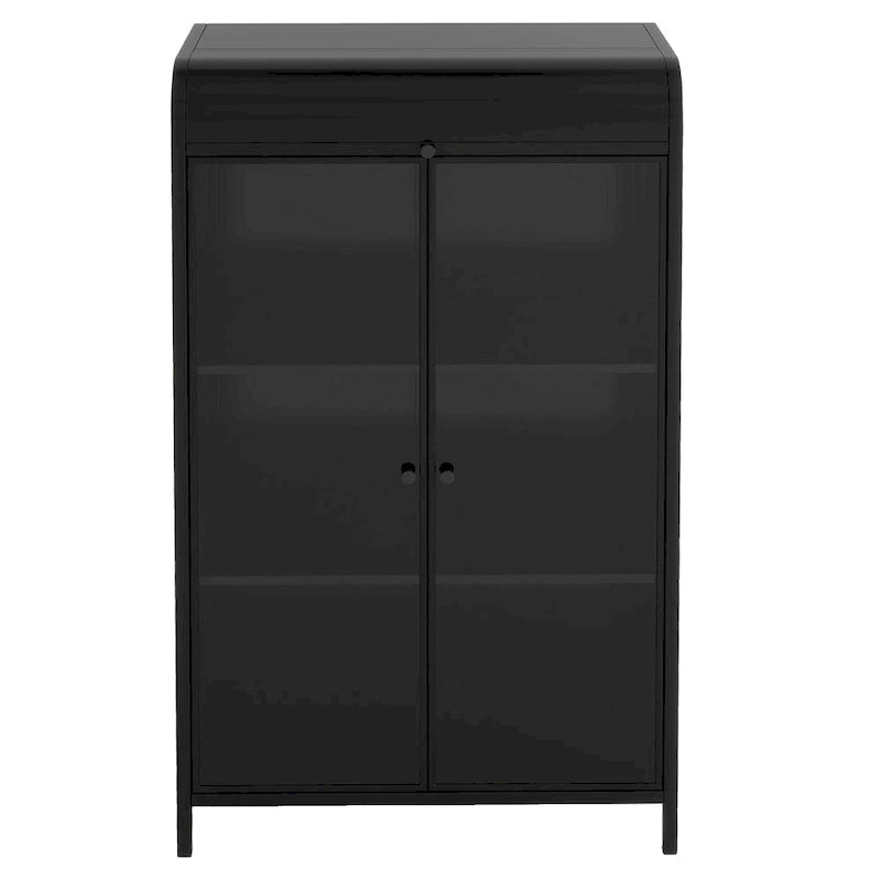 Antique Black Steel Display Cabinet with Tempered Glass Doors and Flip Top