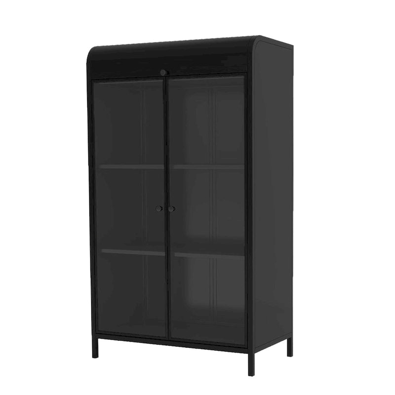 Antique Black Steel Display Cabinet with Tempered Glass Doors and Flip Top