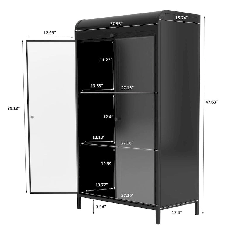 Antique Black Steel Display Cabinet with Tempered Glass Doors and Flip Top