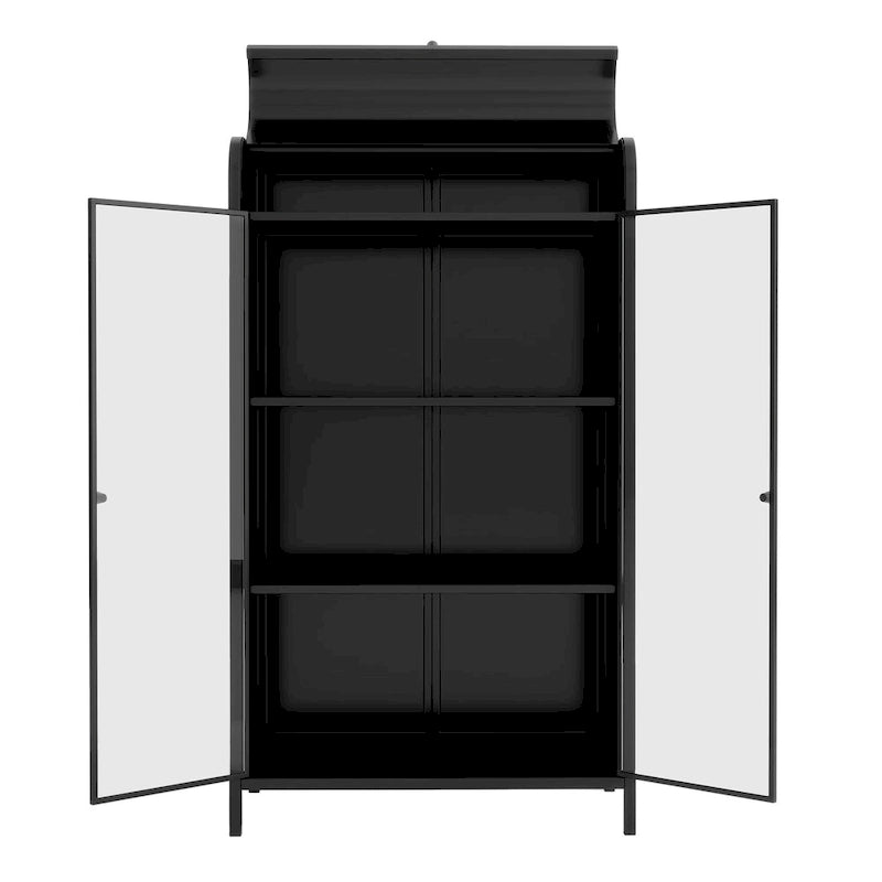 Antique Black Steel Display Cabinet with Tempered Glass Doors and Flip Top