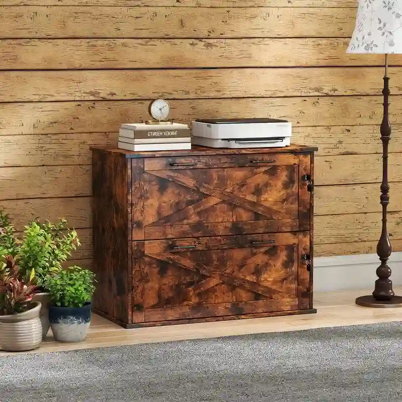 Rustic Barn Door Style 2-Drawer Lockable Lateral Filing Cabinet