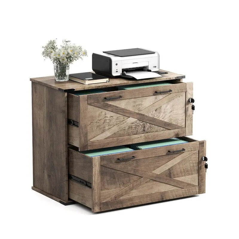Rustic Barn Door Style 2-Drawer Lockable Lateral Filing Cabinet