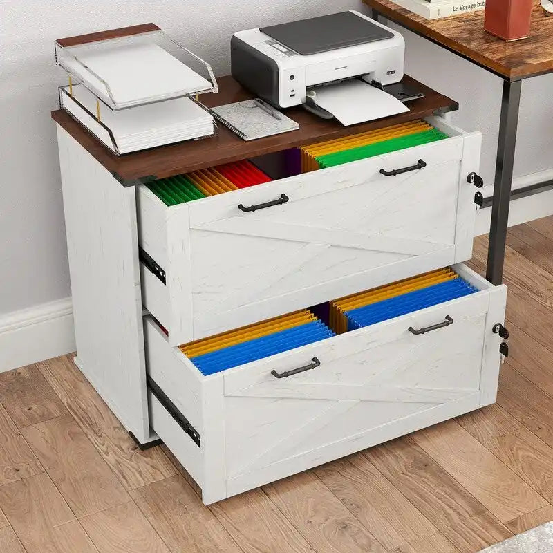 Rustic Barn Door Style 2-Drawer Lockable Lateral Filing Cabinet