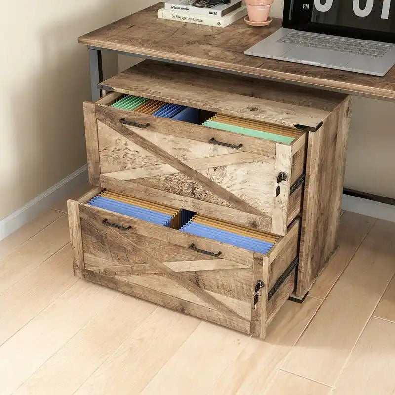 Rustic Barn Door Style 2-Drawer Lockable Lateral Filing Cabinet