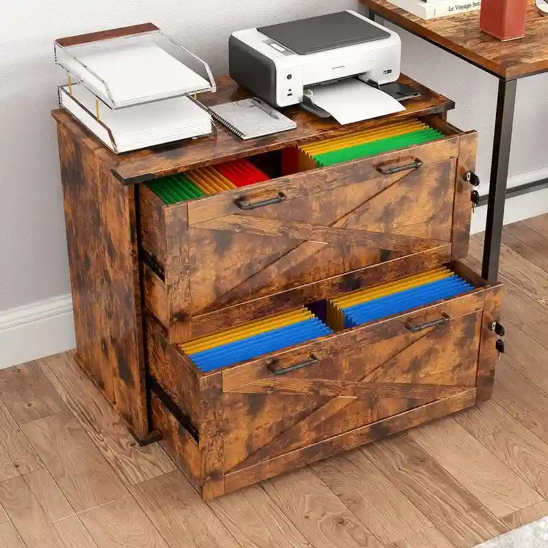 Rustic Barn Door Style 2-Drawer Lockable Lateral Filing Cabinet