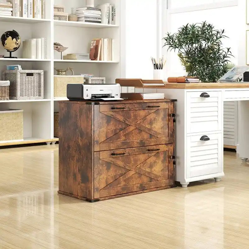 Rustic Barn Door Style 2-Drawer Lockable Lateral Filing Cabinet