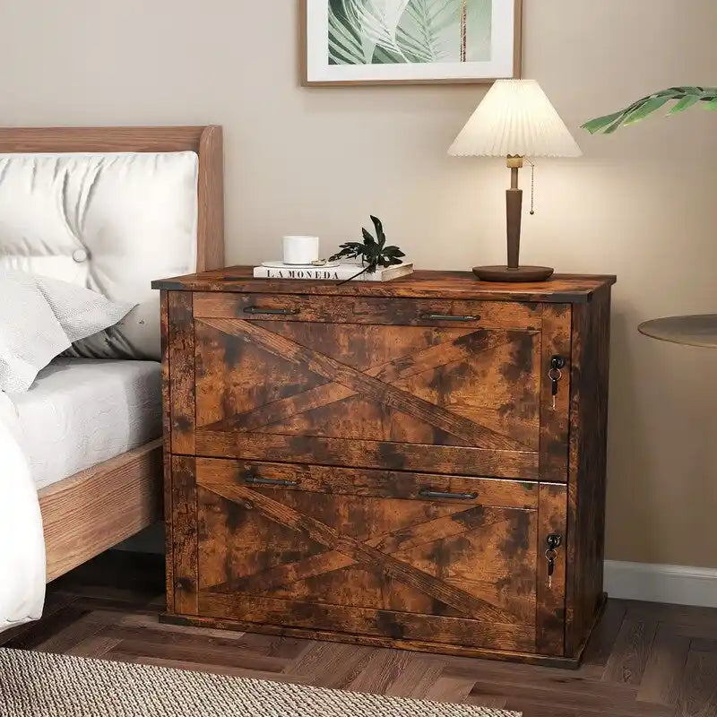 Rustic Barn Door Style 2-Drawer Lockable Lateral Filing Cabinet