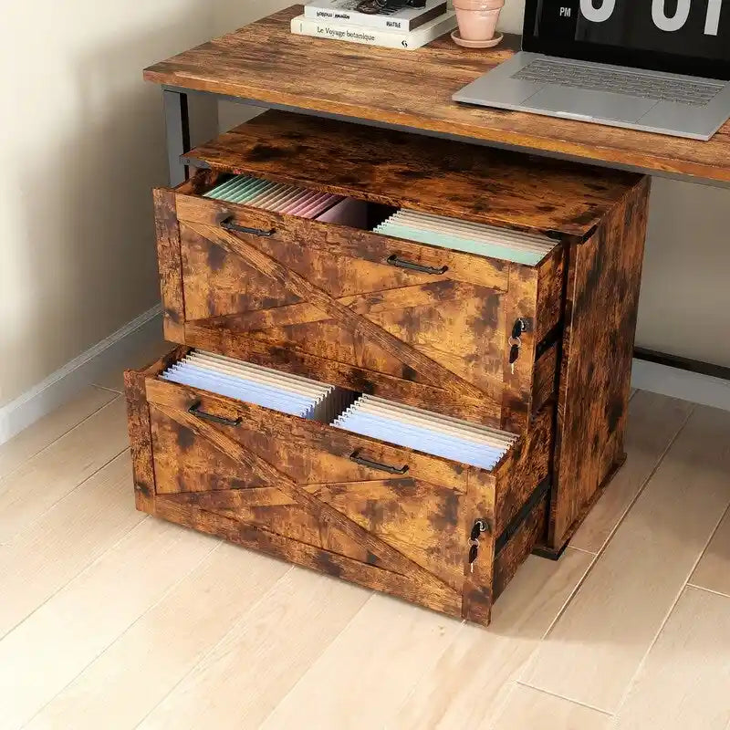 Rustic Barn Door Style 2-Drawer Lockable Lateral Filing Cabinet
