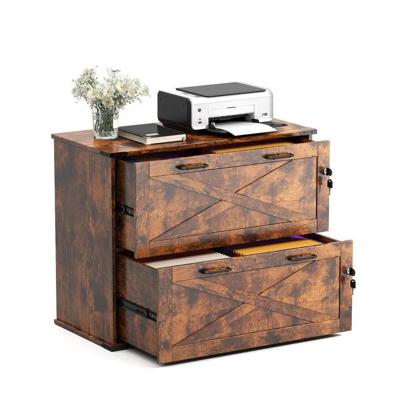 Rustic Barn Door Style 2-Drawer Lockable Lateral Filing Cabinet