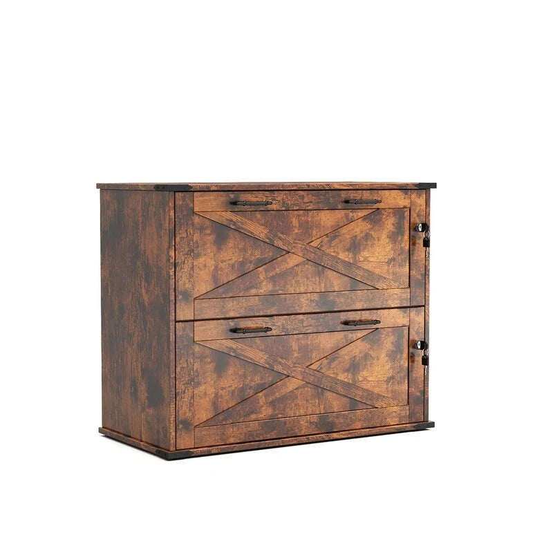 Rustic Barn Door Style 2-Drawer Lockable Lateral Filing Cabinet