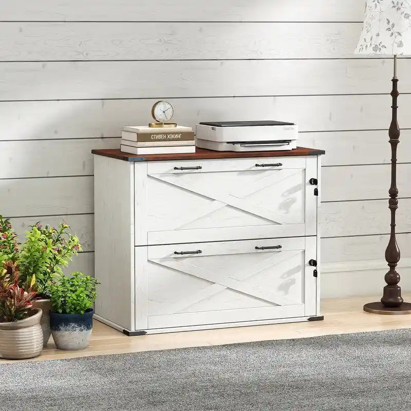 Rustic Barn Door Style 2-Drawer Lockable Lateral Filing Cabinet