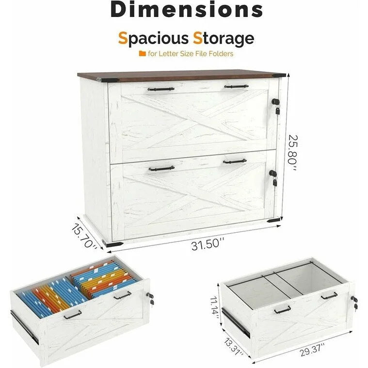Rustic Barn Door Style 2-Drawer Lockable Lateral Filing Cabinet