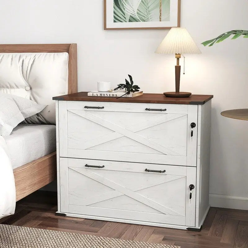Rustic Barn Door Style 2-Drawer Lockable Lateral Filing Cabinet