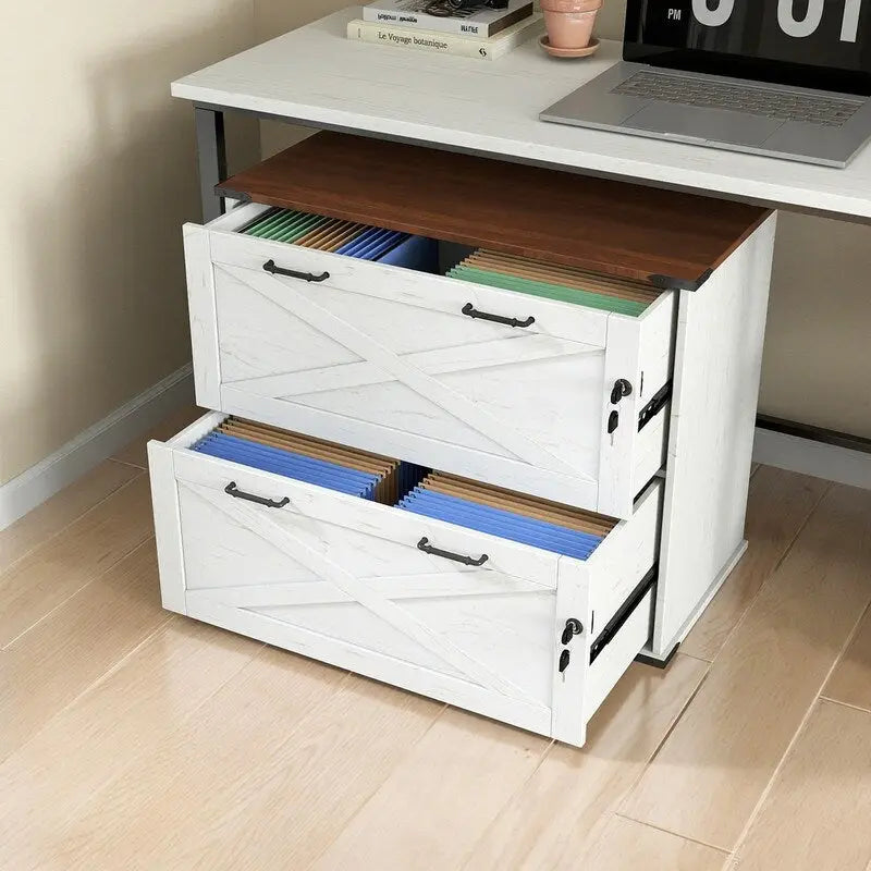 Rustic Barn Door Style 2-Drawer Lockable Lateral Filing Cabinet