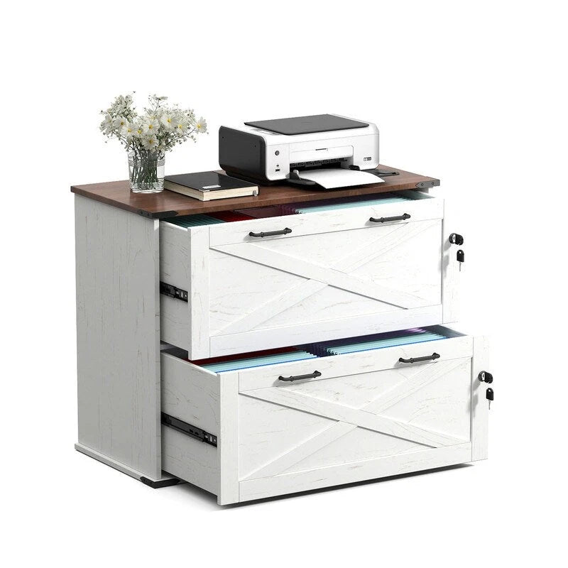 Rustic Barn Door Style 2-Drawer Lockable Lateral Filing Cabinet