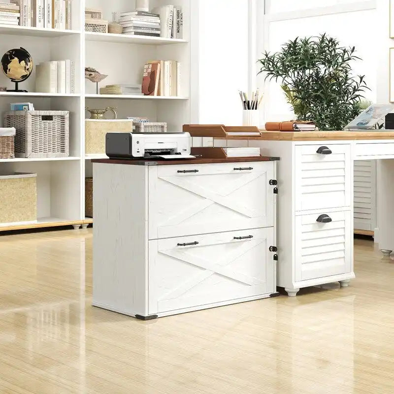 Rustic Barn Door Style 2-Drawer Lockable Lateral Filing Cabinet