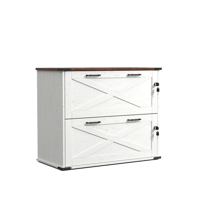 Rustic Barn Door Style 2-Drawer Lockable Lateral Filing Cabinet