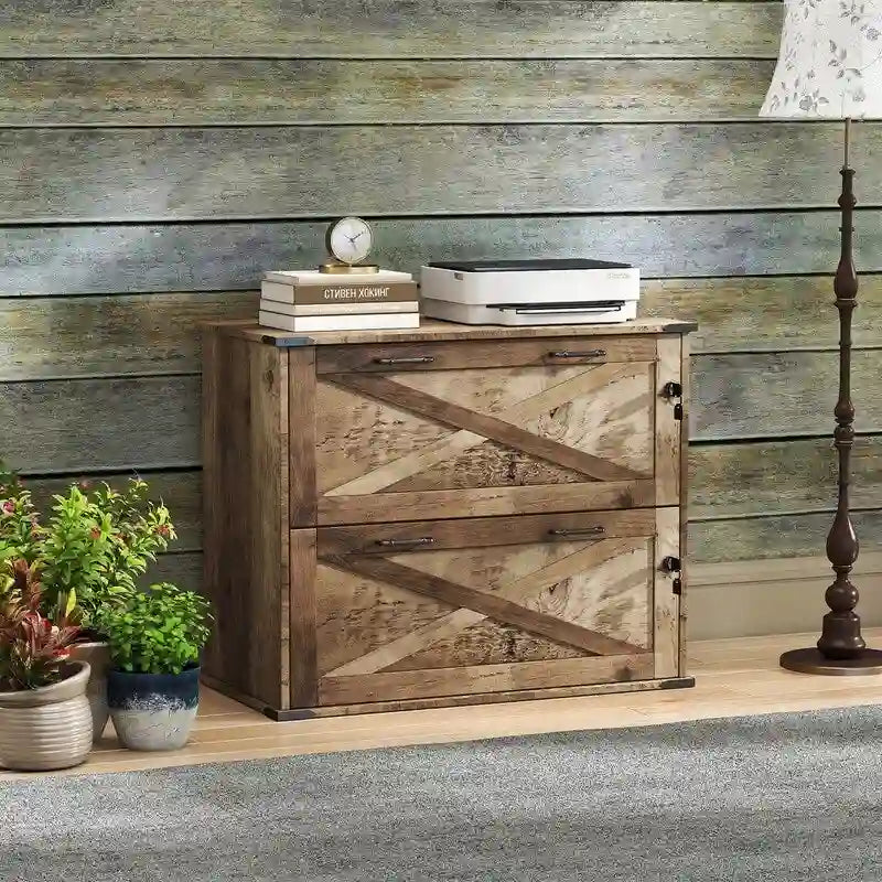 Rustic Barn Door Style 2-Drawer Lockable Lateral Filing Cabinet