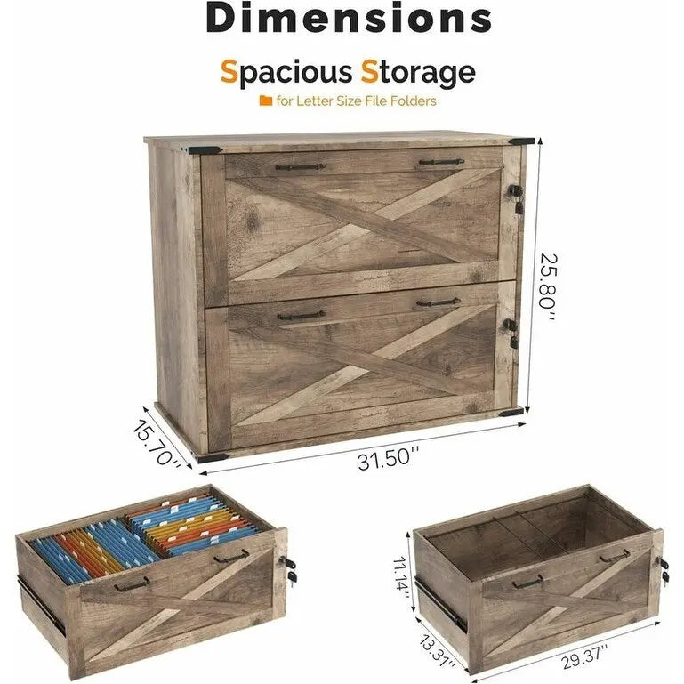 Rustic Barn Door Style 2-Drawer Lockable Lateral Filing Cabinet
