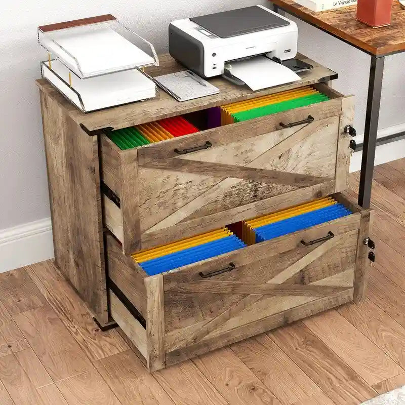 Rustic Barn Door Style 2-Drawer Lockable Lateral Filing Cabinet