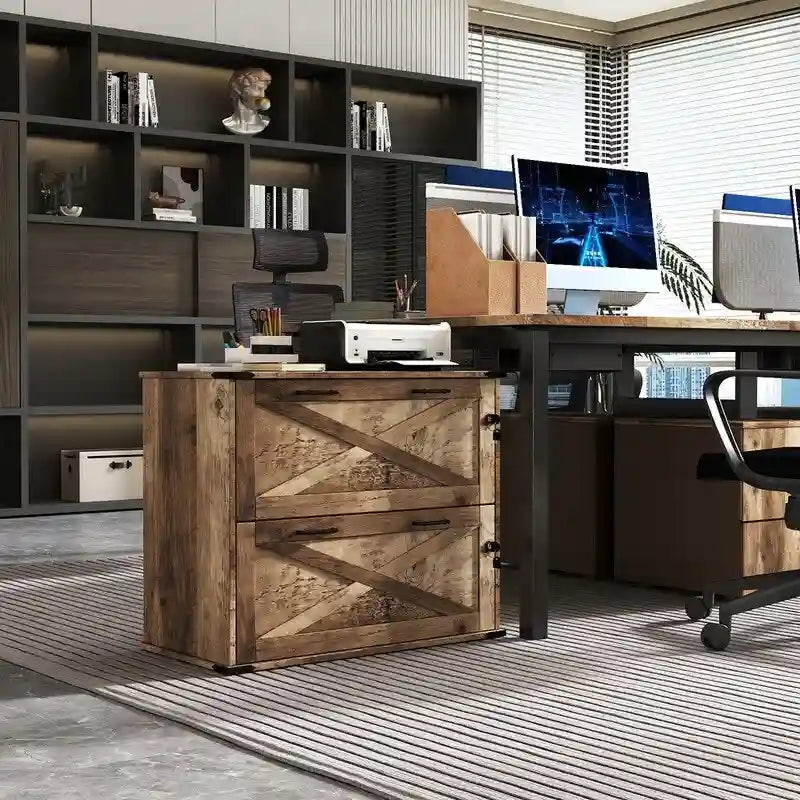 Rustic Barn Door Style 2-Drawer Lockable Lateral Filing Cabinet