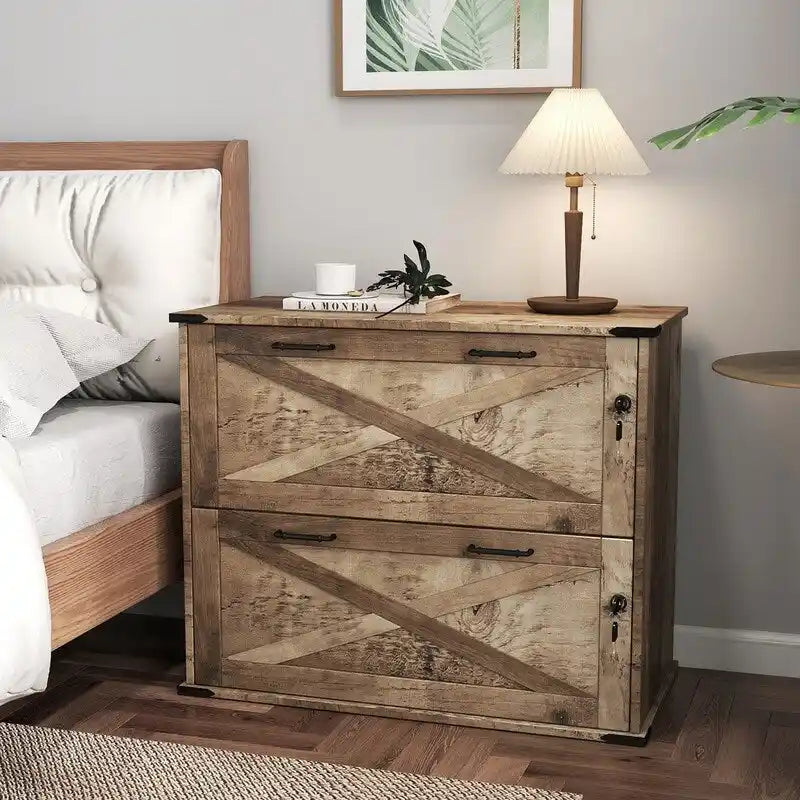 Rustic Barn Door Style 2-Drawer Lockable Lateral Filing Cabinet