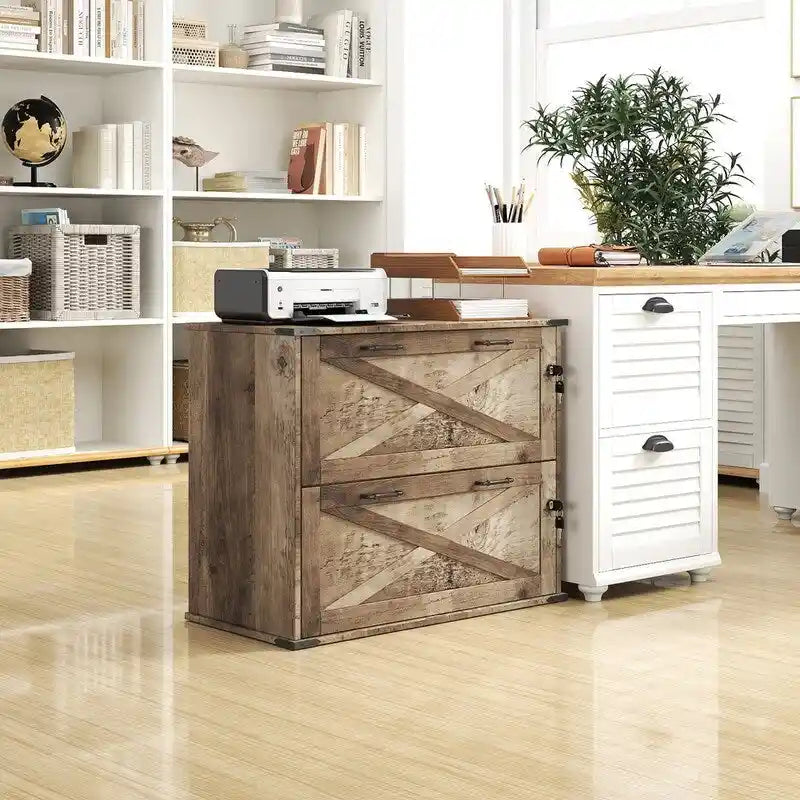 Rustic Barn Door Style 2-Drawer Lockable Lateral Filing Cabinet