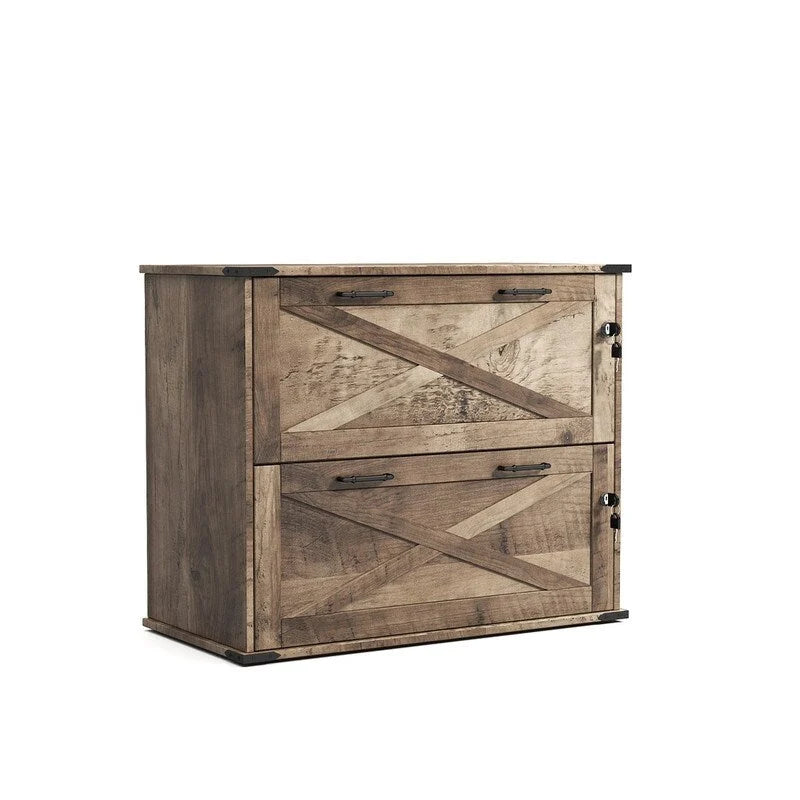 Rustic Barn Door Style 2-Drawer Lockable Lateral Filing Cabinet