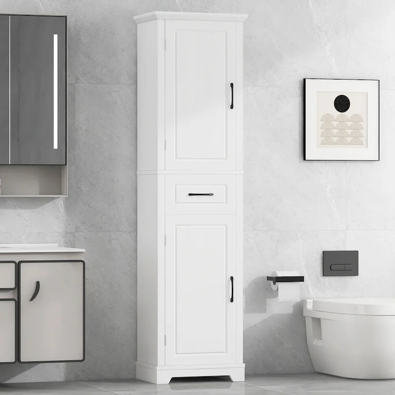 Freestanding Tall Bathroom Storage Cabinet with Drawer Two Doors White