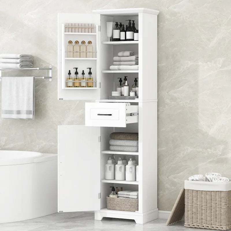 Freestanding Tall Bathroom Storage Cabinet with Drawer Two Doors White