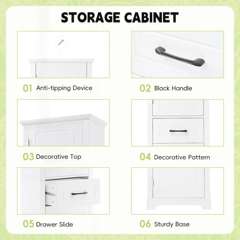 Freestanding Tall Bathroom Storage Cabinet with Drawer Two Doors White
