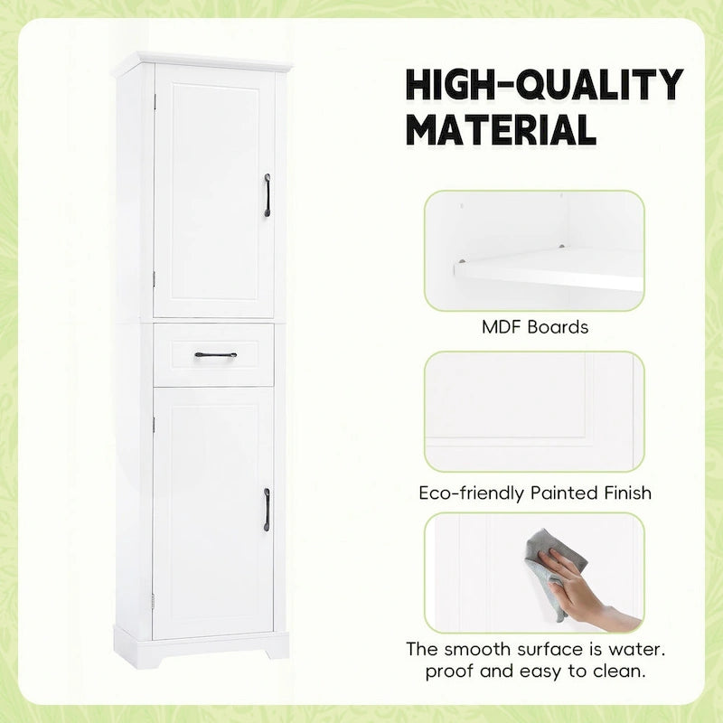Freestanding Tall Bathroom Storage Cabinet with Drawer Two Doors White