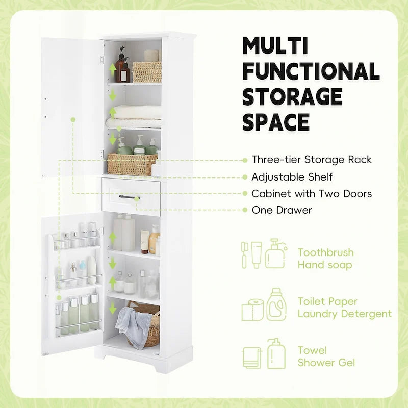 Freestanding Tall Bathroom Storage Cabinet with Drawer Two Doors White