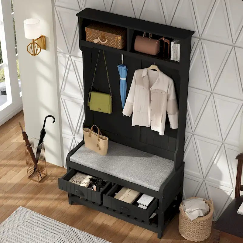 Entryway Hall Tree with Cushioned Bench, Coat Hooks and Shoe Storage