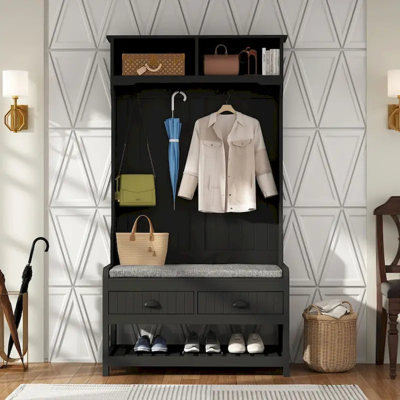Entryway Hall Tree with Cushioned Bench, Coat Hooks and Shoe Storage