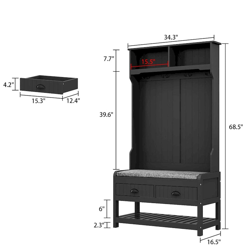 Entryway Hall Tree with Cushioned Bench, Coat Hooks and Shoe Storage