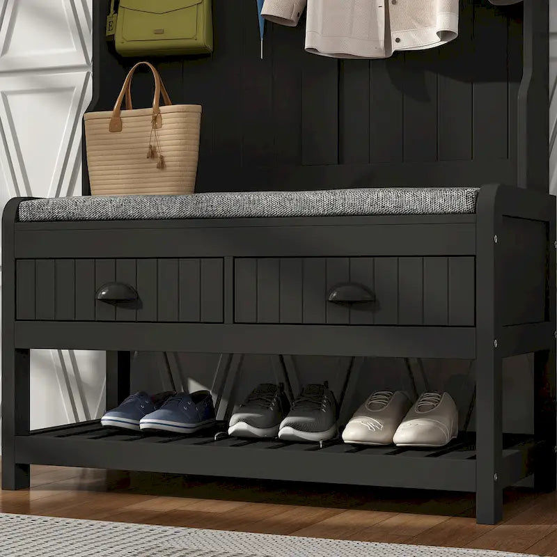 Entryway Hall Tree with Cushioned Bench, Coat Hooks and Shoe Storage