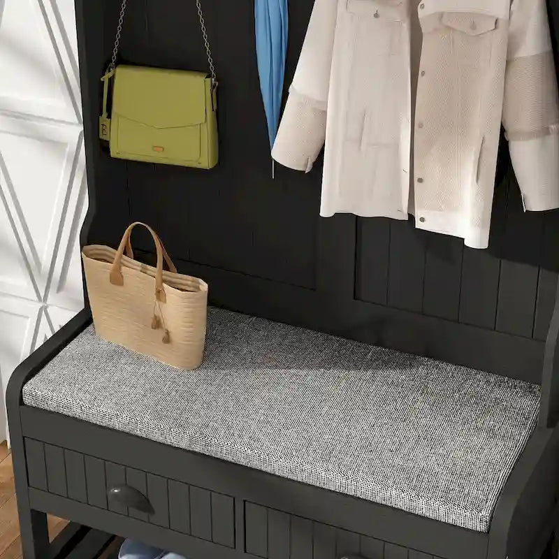 Entryway Hall Tree with Cushioned Bench, Coat Hooks and Shoe Storage