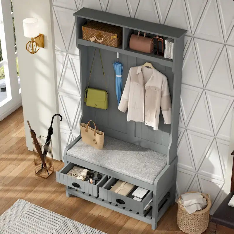 Entryway Hall Tree with Cushioned Bench, Coat Hooks and Shoe Storage