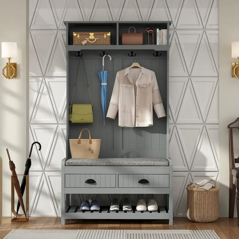 Entryway Hall Tree with Cushioned Bench, Coat Hooks and Shoe Storage