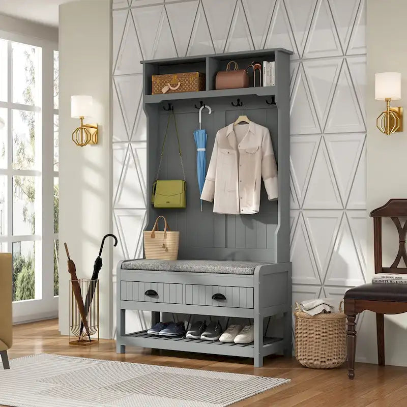 Entryway Hall Tree with Cushioned Bench, Coat Hooks and Shoe Storage