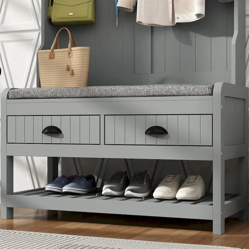 Entryway Hall Tree with Cushioned Bench, Coat Hooks and Shoe Storage