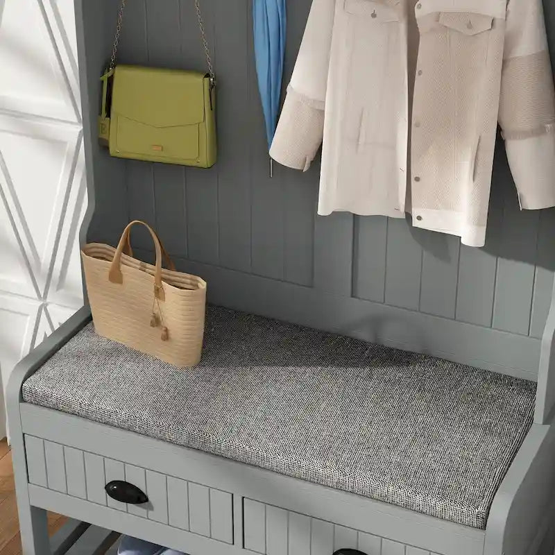 Entryway Hall Tree with Cushioned Bench, Coat Hooks and Shoe Storage