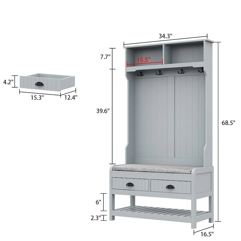 Entryway Hall Tree with Cushioned Bench, Coat Hooks and Shoe Storage