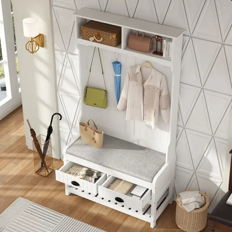 Entryway Hall Tree with Cushioned Bench, Coat Hooks and Shoe Storage