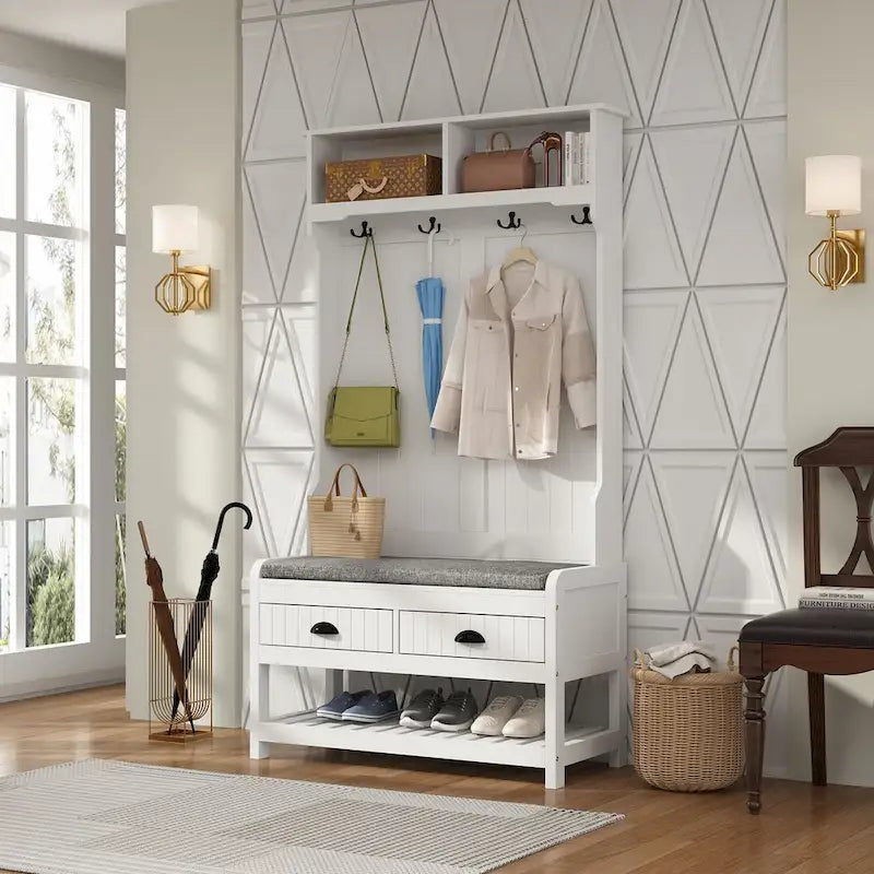 Entryway Hall Tree with Cushioned Bench, Coat Hooks and Shoe Storage