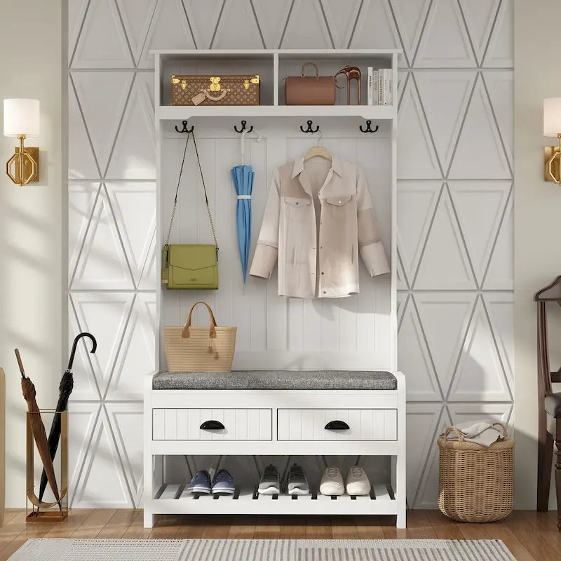 Entryway Hall Tree with Cushioned Bench, Coat Hooks and Shoe Storage