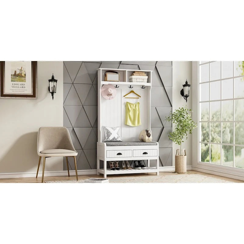 Entryway Hall Tree with Cushioned Bench, Coat Hooks and Shoe Storage