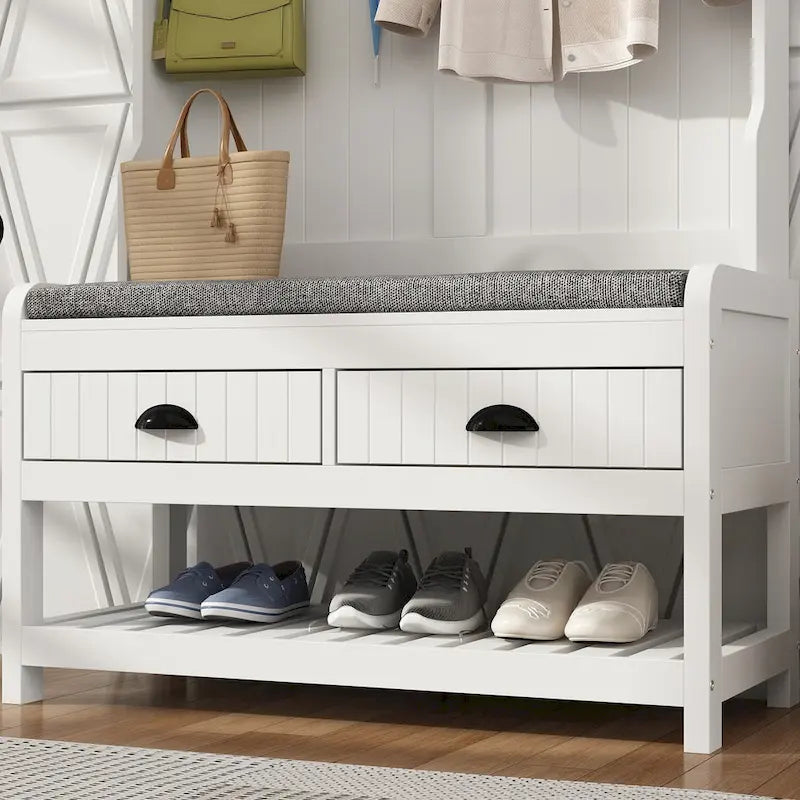 Entryway Hall Tree with Cushioned Bench, Coat Hooks and Shoe Storage